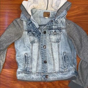 AE light denim jacket with grey sleeve and hood